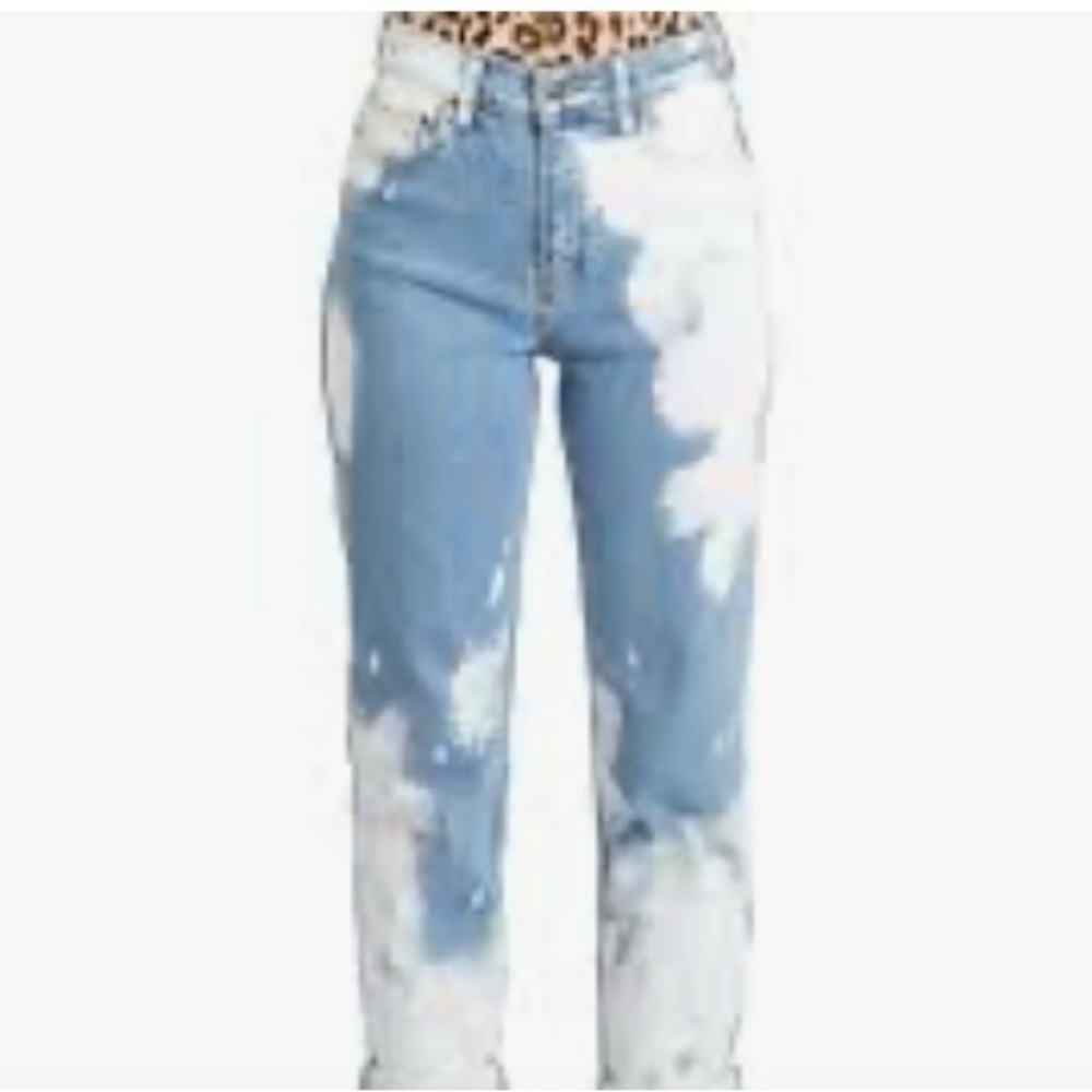 Cello Blue and White Straight Leg Jeans with Artistic Bleach Pattern